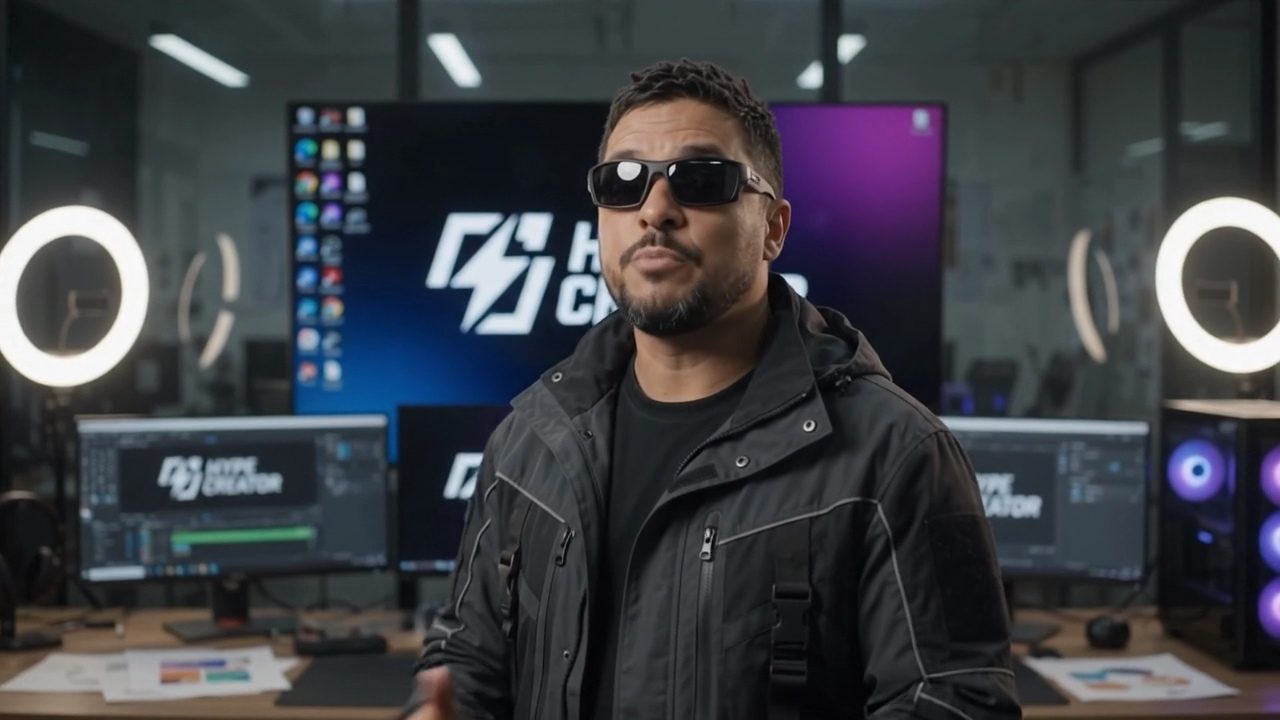 Sr. Kless no estúdio com monitores, ring lights e o logo da Hype Creator