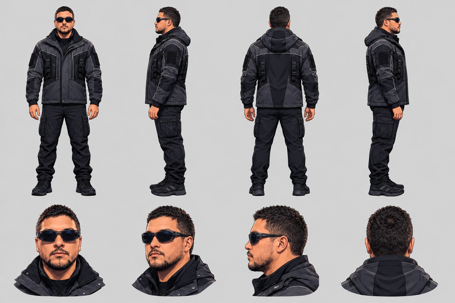 Folha de personagem do Sr. Kless em quatro ângulos