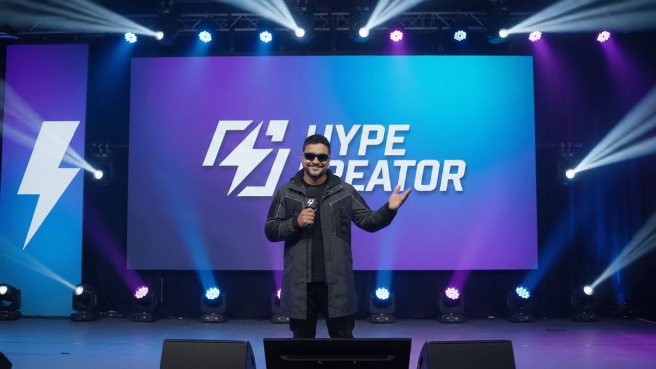 Sr. Kless no palco com o logo da Hype Creator no telão