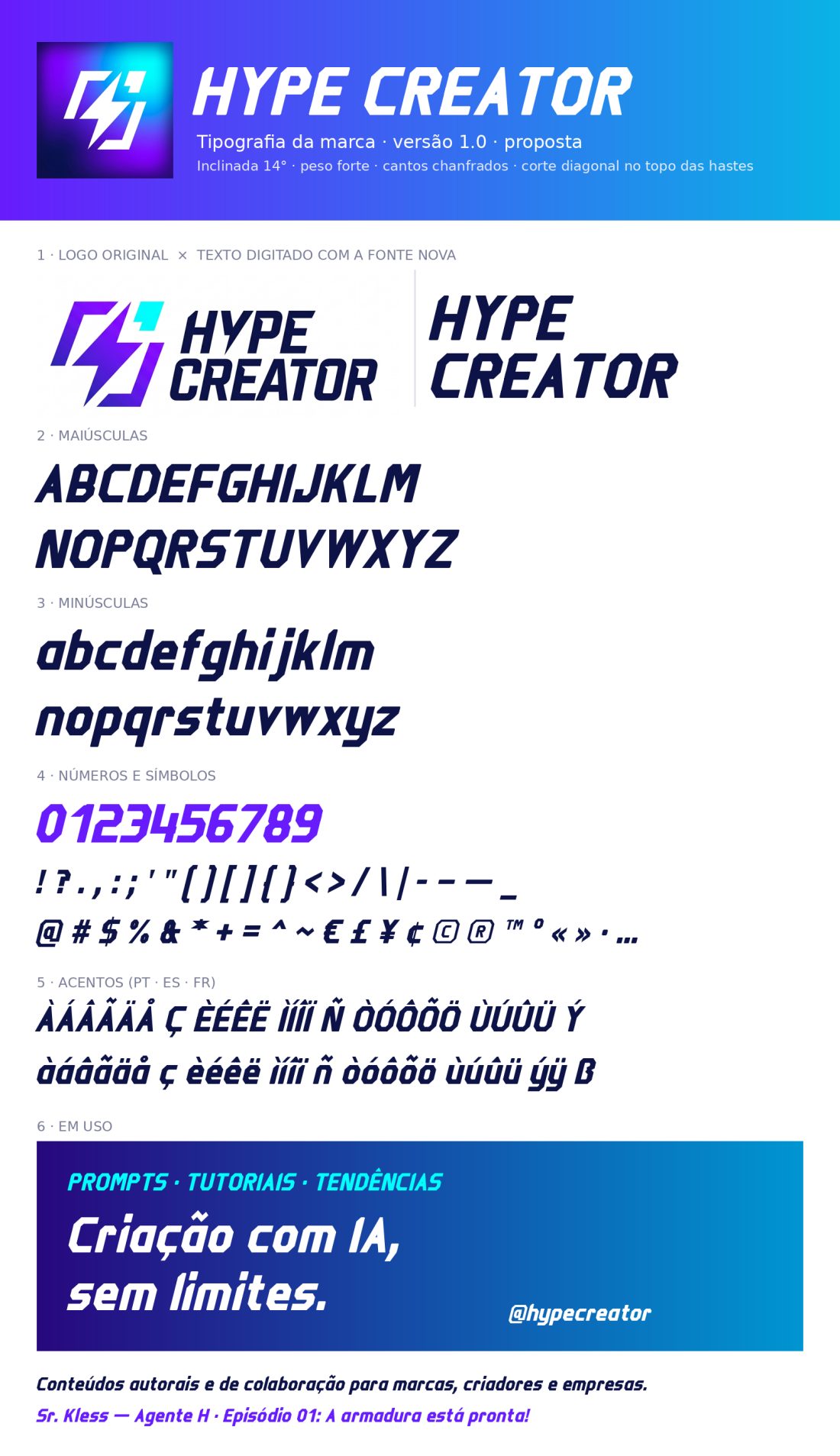 Folha da tipografia própria da Hype Creator com alfabeto, números e acentos